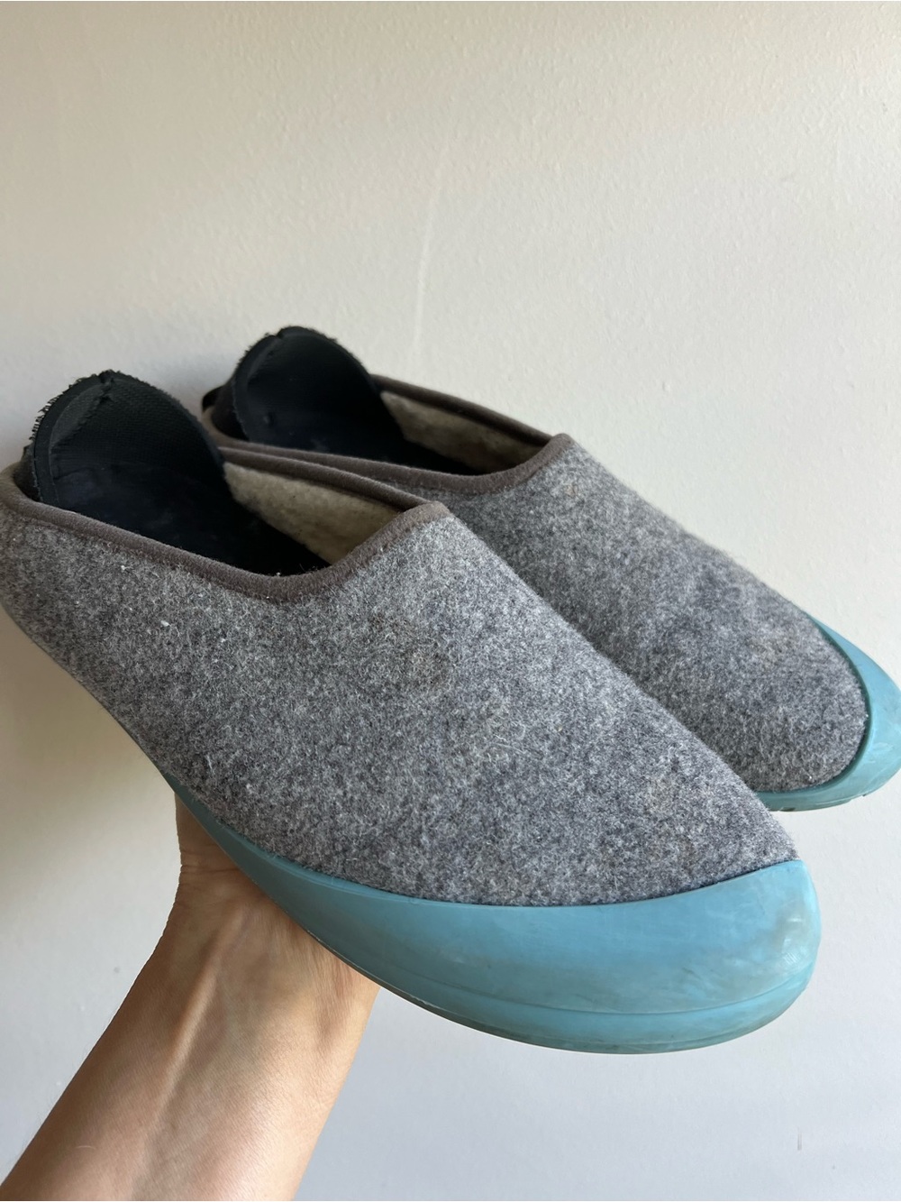 mahabis Grey Felt Slip-Ons with Light Blue Rubber Toe